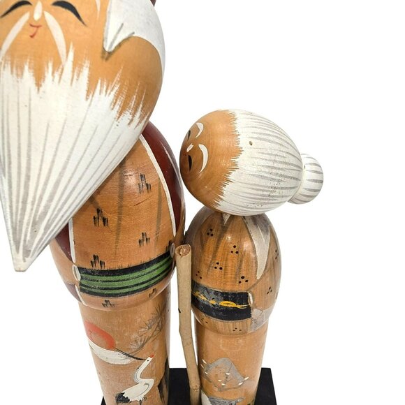 Japanese Kokeshi Wooden Dolls on Stand Grandfather and Grandaughter Crane JE381 - Picture 8 of 10